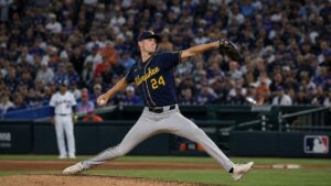 Jacob Misiorowski pitching in action for the Milwaukee Brewers