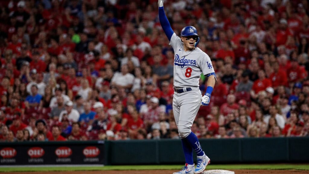 Enrique Hernandez celebrating a double for the Los Angeles Dodgers