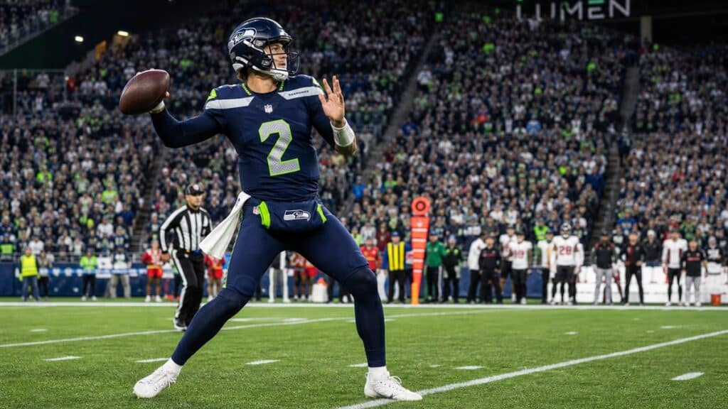 Drew Lock throwing a pass for the Seattle Seahawks