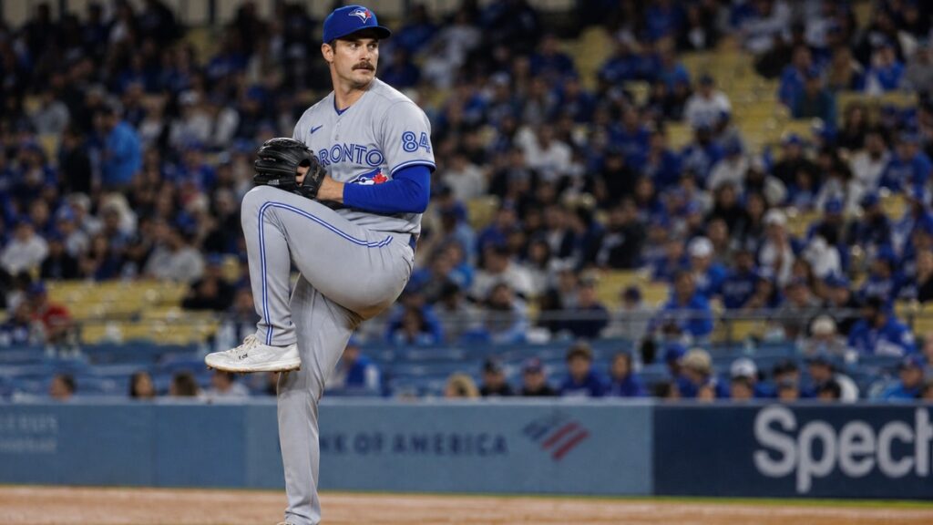 Dylan Cease pitching for the Toronto Blue Jays against the Athletics