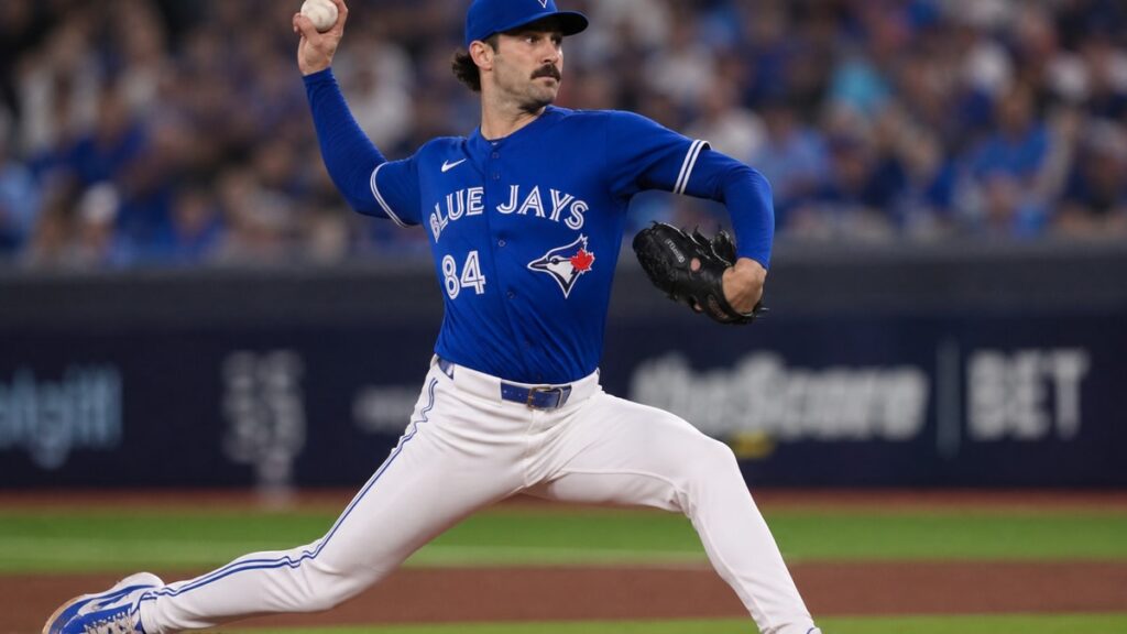 Dylan Cease pitching for the Toronto Blue Jays