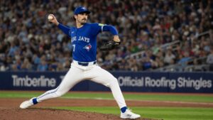 Dylan Cease pitching for the Toronto Blue Jays