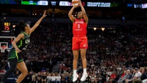 Kelsey Mitchell shooting for the Indiana Fever against the Minnesota Lynx