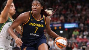 Aliyah Boston driving to the basket for the Indiana Fever against the Toronto Tempo