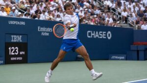 Flavio Cobolli hitting a forehand at the US Open