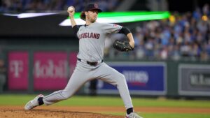 Gavin Williams pitching for the Cleveland Guardians against the Kansas City Royals