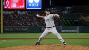 Gerrit Cole pitching for the New York Yankees against the Los Angeles Angels