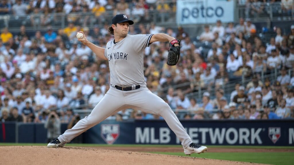 Gerrit Cole pitching for the New York Yankees against the San Diego Padres