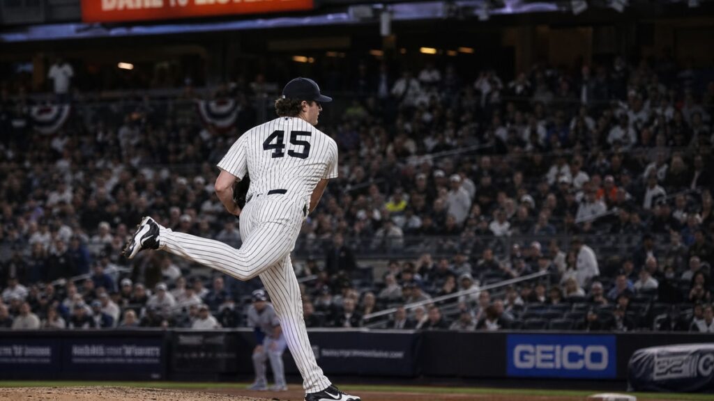 Gerrit Cole pitching for the New York Yankees against the Tampa Bay Rays