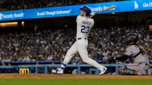 Kyle Tucker batting for the Los Angeles Dodgers at Dodger Stadium
