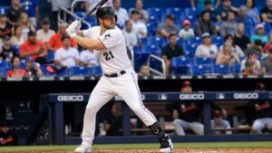 Graham Pauley batting for the Miami Marlins against the Los Angeles Dodgers