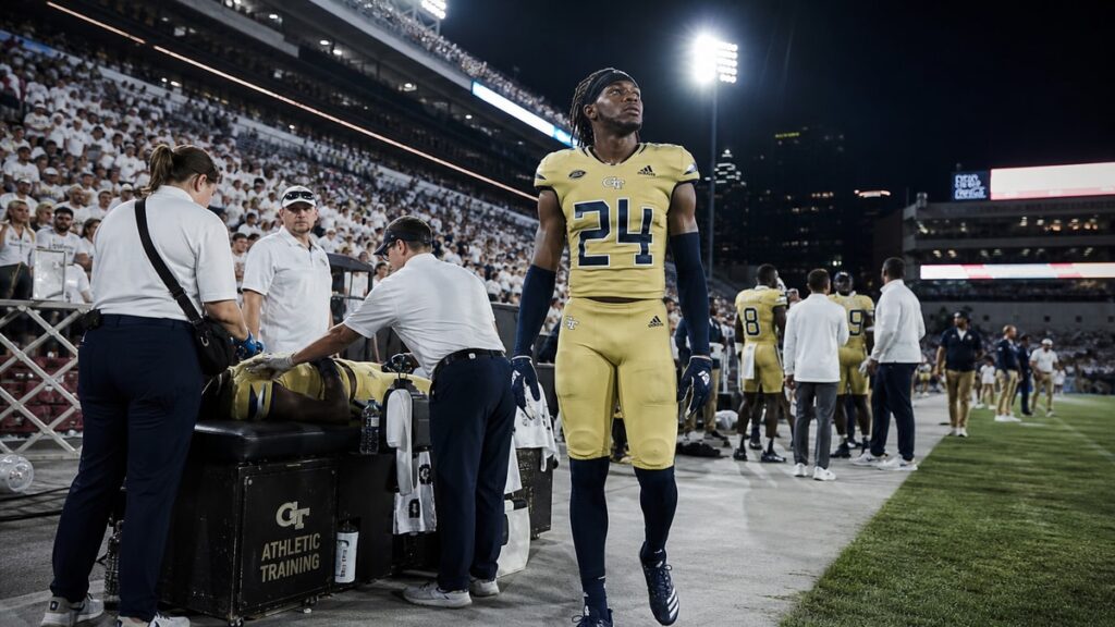 Georgia Tech Yellow Jackets defensive back on the sideline during a night game against Tennessee