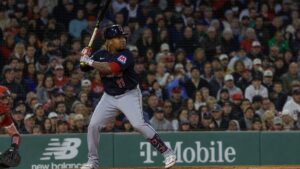 Jose Ramirez batting for the Cleveland Guardians against the Boston Red Sox at Fenway Park