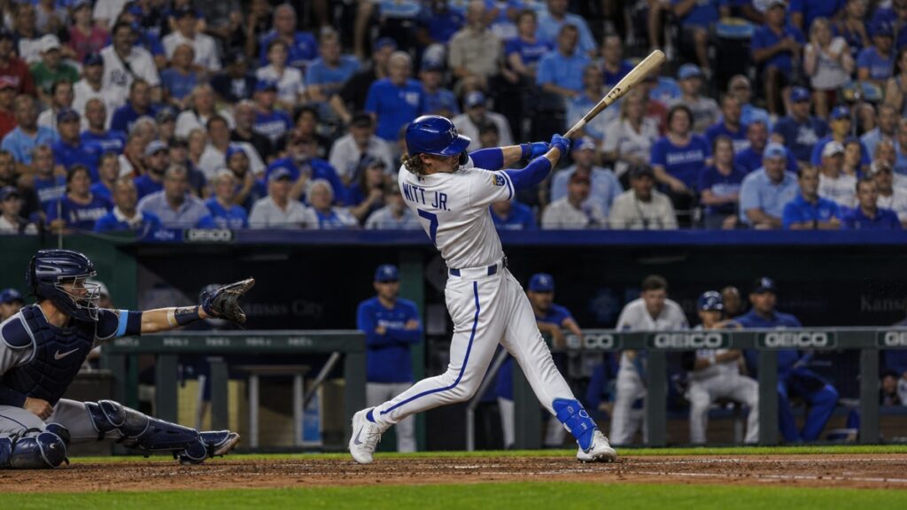 Bobby Witt Jr. batting for the Kansas City Royals at Kauffman Stadium