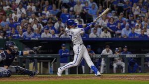 Bobby Witt Jr. batting for the Kansas City Royals at Kauffman Stadium