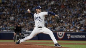 Drew Rasmussen pitching for the Tampa Bay Rays