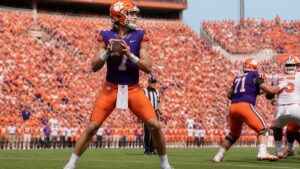 Clemson Tigers quarterback dropping back to pass at Memorial Stadium
