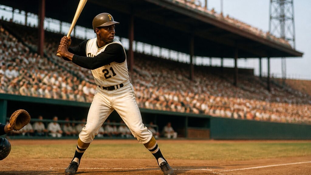 Roberto Clemente in classic batting stance for the Pittsburgh Pirates