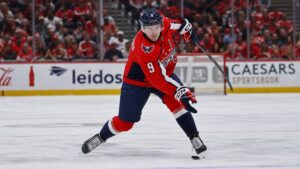 Ryan Leonard skating for the Washington Capitals in his Capitals jersey