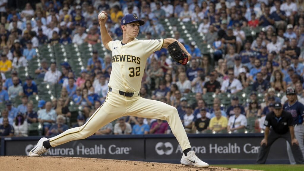 Jacob Misiorowski pitching for the Milwaukee Brewers