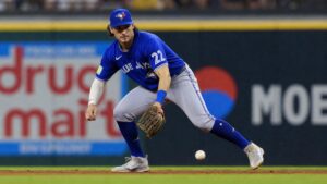 Ernie Clement fielding for the Toronto Blue Jays against the Cleveland Guardians