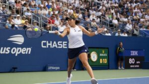 Jessica Pegula hitting a forehand at the 2026 US Open