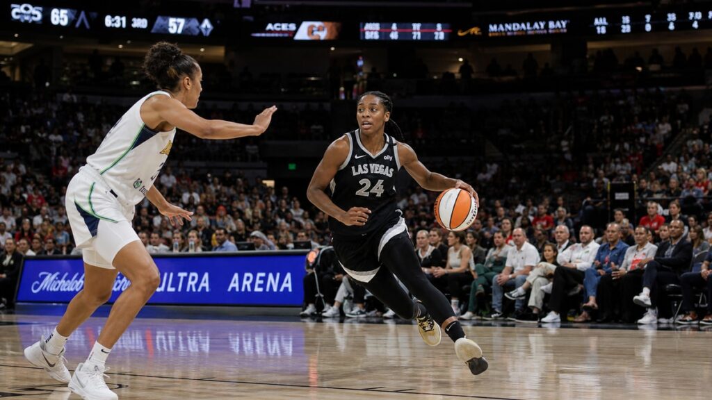 Jewell Loyd driving to the basket for the Las Vegas Aces in the WNBA playoffs