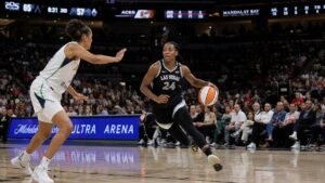 Jewell Loyd driving to the basket for the Las Vegas Aces in the WNBA playoffs