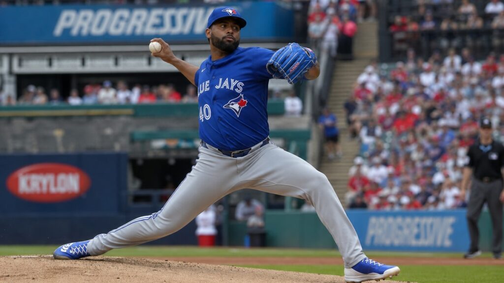 Jose Soriano pitching for the Toronto Blue Jays against the Cleveland Guardians