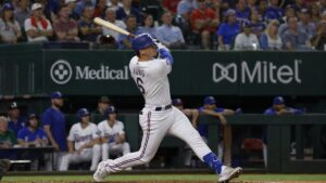 Josh Jung batting for the Texas Rangers against the Boston Red Sox