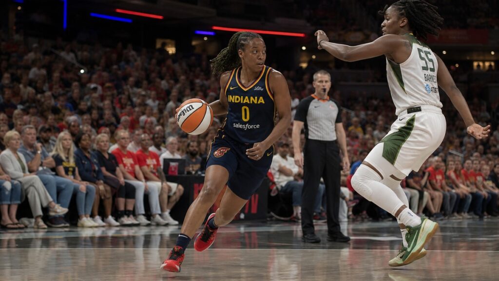 Kelsey Mitchell driving to the basket for the Indiana Fever against the Minnesota Lynx