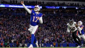Josh Allen throwing a pass for the Buffalo Bills at new Highmark Stadium