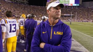 LSU coach Lane Kiffin on the sideline at Tiger Stadium ahead of the Clemson season opener