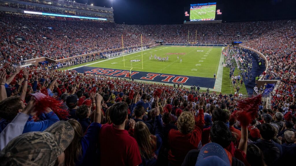 Vaught-Hemingway Stadium in Oxford, Mississippi during a nighttime SEC college football game ahead of LSU-Ole Miss