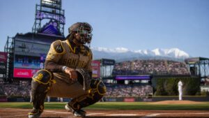 Luis Campusano catching for the San Diego Padres at Coors Field