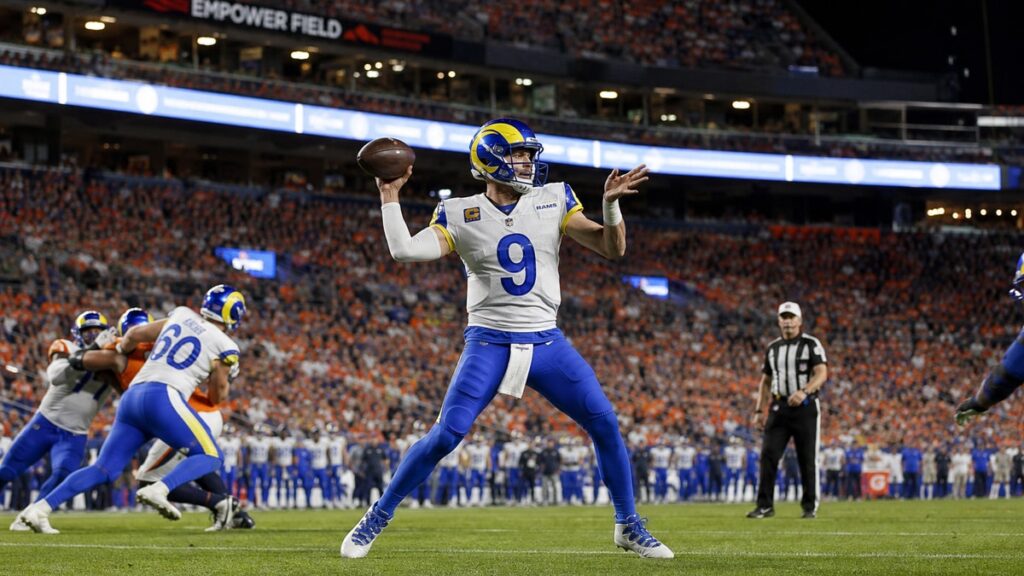Matthew Stafford throwing a pass for the Los Angeles Rams against the Denver Broncos on Sunday Night Football