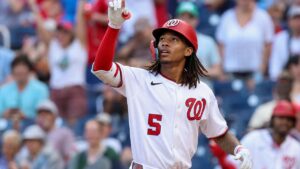 CJ Abrams celebrating a home run for the Washington Nationals at Nationals Park