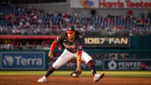CJ Abrams fielding at shortstop for the Washington Nationals at Nationals Park