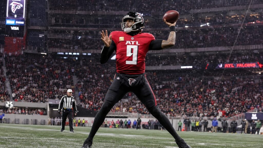 Michael Penix Jr. throwing a pass for the Atlanta Falcons