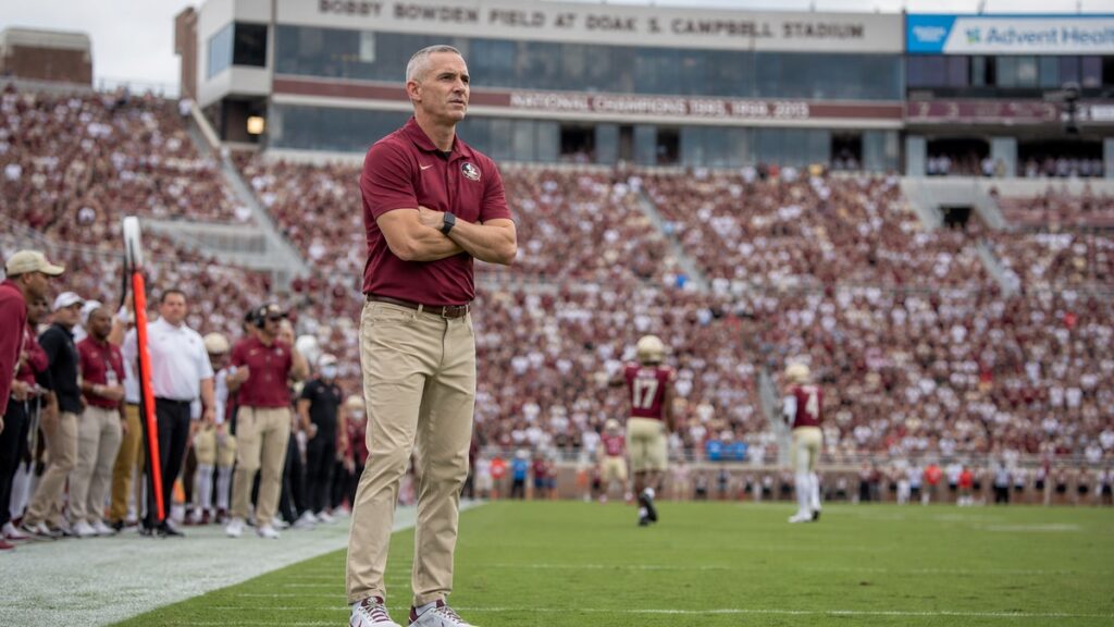 Mike Norvell on the sideline at Florida State, facing pressure amid the Seminoles hot seat coaching situation