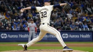 Jacob Misiorowski pitching for the Milwaukee Brewers