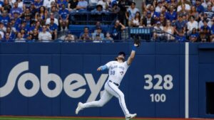 Nathan Lukes making a catch in right field for the Toronto Blue Jays at Rogers Centre