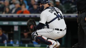 Dillon Dingler catching for the Detroit Tigers at Comerica Park
