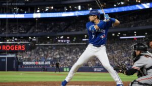 Kazuma Okamoto batting for the Toronto Blue Jays at Rogers Centre