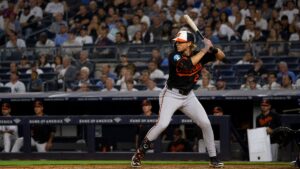 Gunnar Henderson batting for the Baltimore Orioles against the Yankees