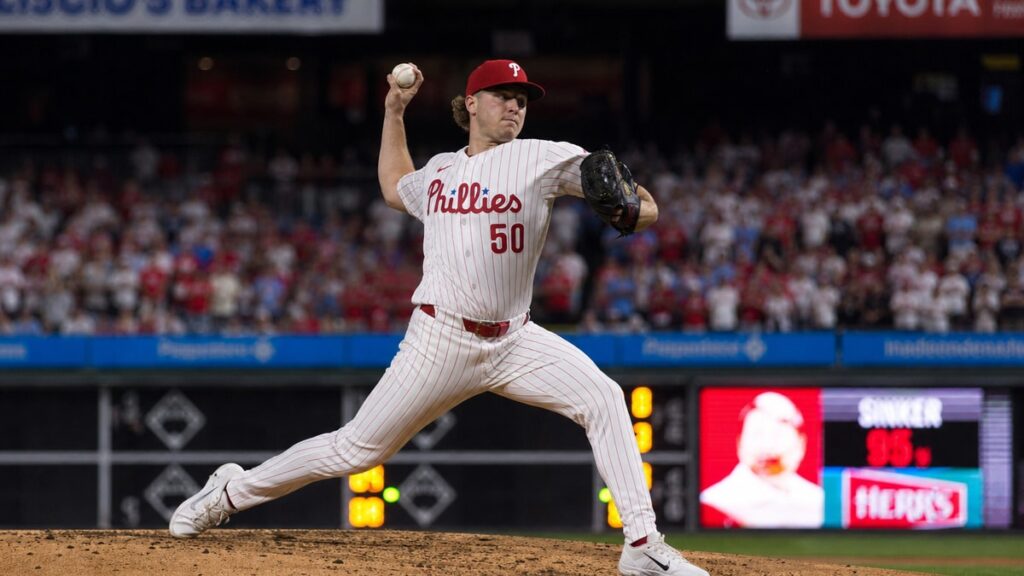 Orion Kerkering pitching for the Philadelphia Phillies