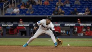Otto Lopez fielding a ground ball at shortstop for the Miami Marlins