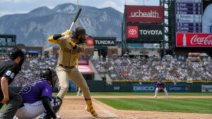 Fernando Tatis Jr. batting for the San Diego Padres at Coors Field