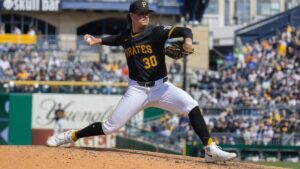 Paul Skenes pitching for the Pittsburgh Pirates against the Los Angeles Angels