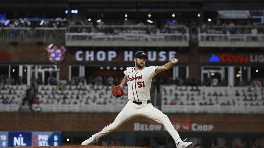 Chris Sale pitching for the Atlanta Braves against the Philadelphia Phillies